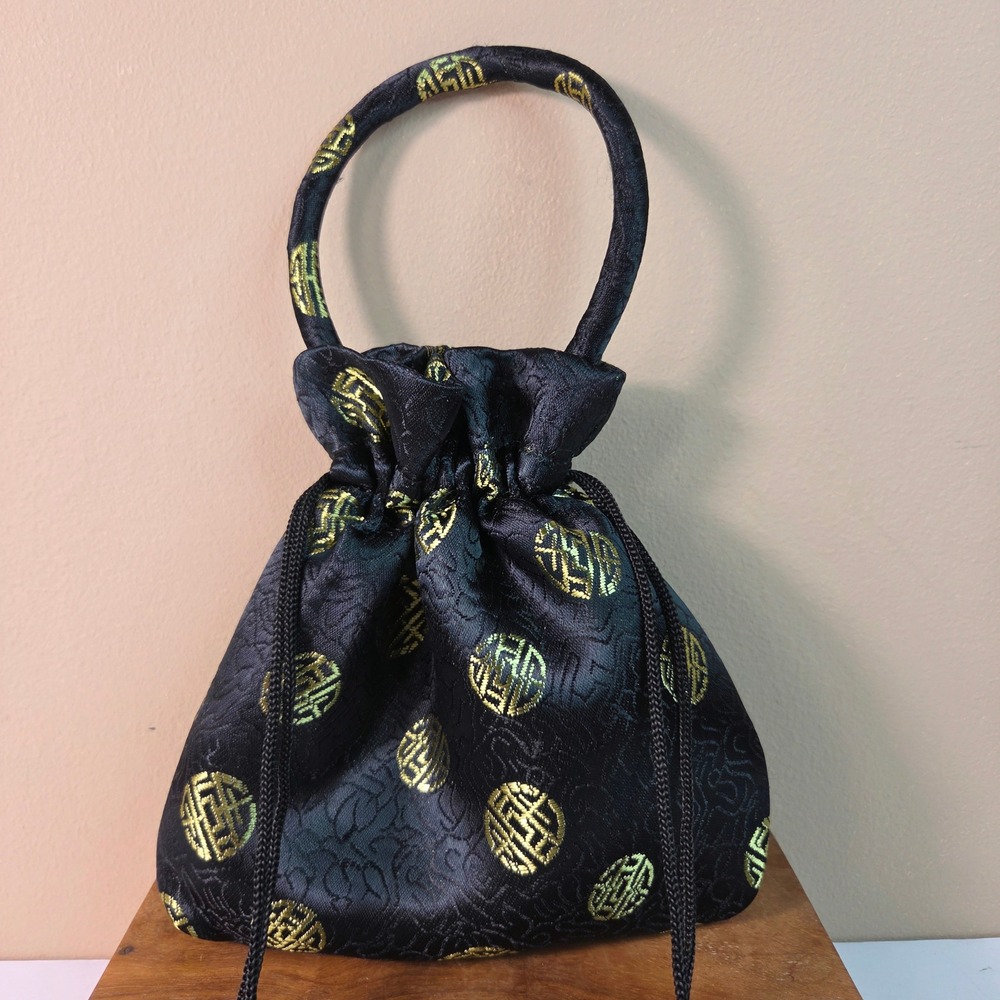 Chinese Silk Brocade Drawstring Handbag Black Gold Shou Pouch Evening Bag Purse